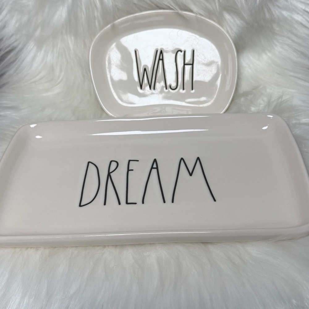 Rae Dunn Cream Ceramic 'DREAM' and 'WASH' Trays